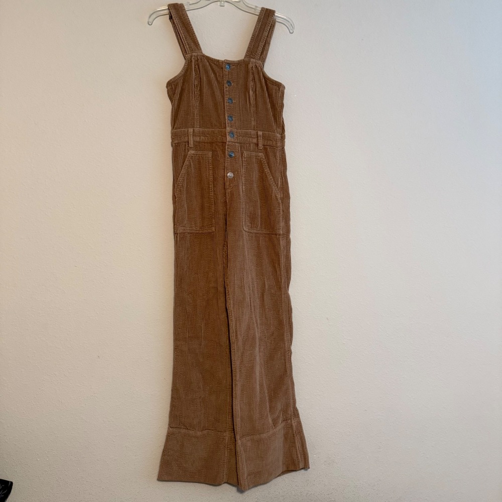 Aerie Real Brown Corduroy Button Front Wide Leg Jumpsuit Small S/P Tan Retro